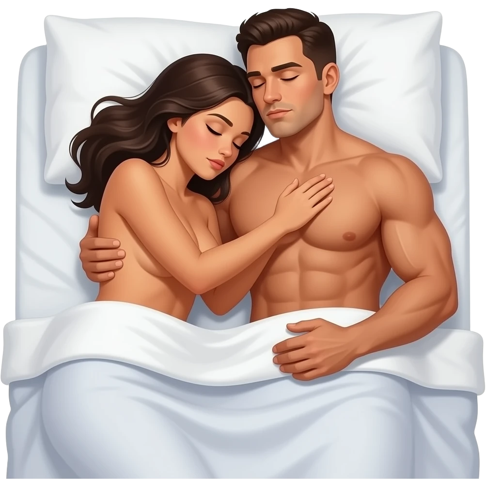 a deeply tanned naked woman sleeping and hugging a deeply tanned muscular sleeping man in bed with bed sheets down to their waists emoji