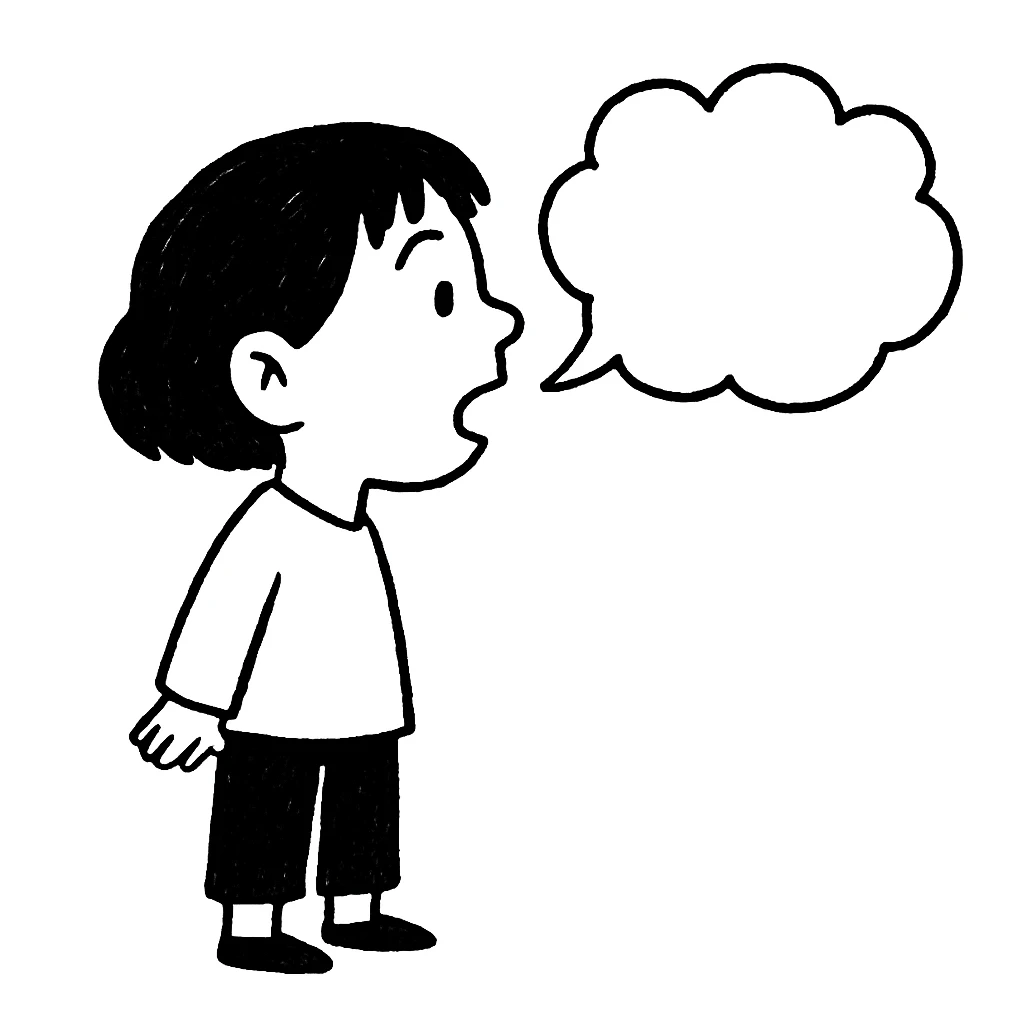Asian girl profile, right side, talking, with a different hairstyle, in the style of doodle emoji