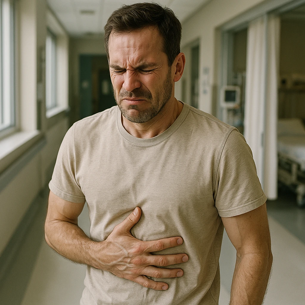 man with diaphragm blocked due to stress, hyper realistic style, tense face, rigid posture, hand pressing on abdomen, realistic details, hospital environment, natural light emoji