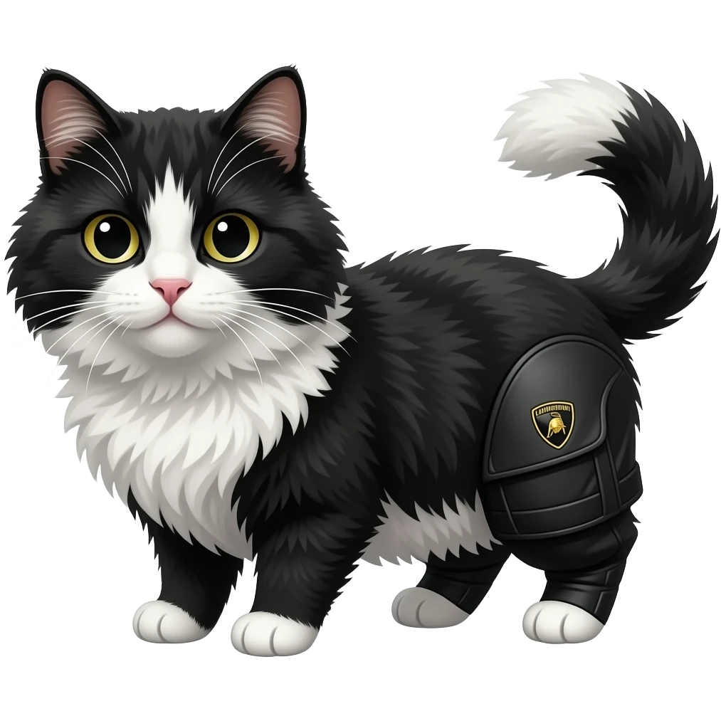 A fluffy black and white cat in a Lamborghini emoji