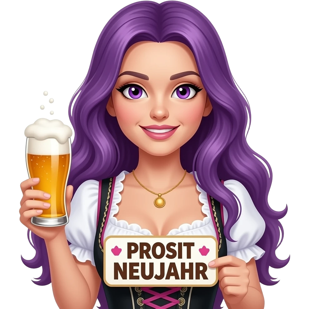 sexy girl with long purple hair and purple eyes wearing a dirndl holding a PROSIT NEUJAHR sign emoji
