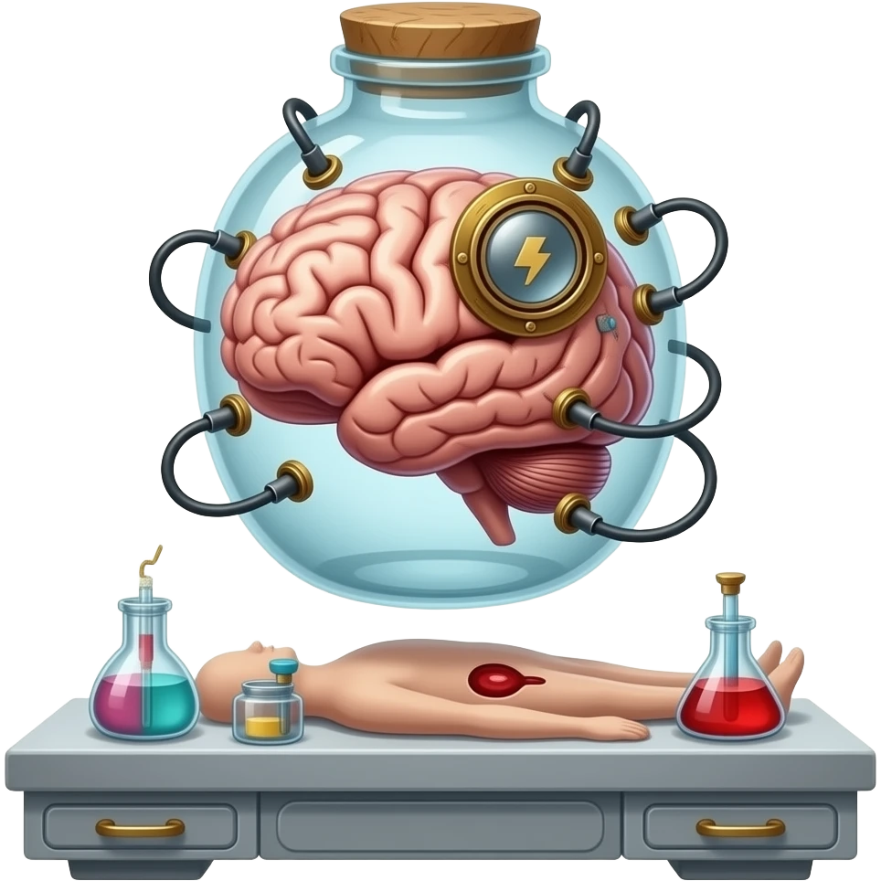 steampunk style - a brain placed in medical preparations that is connected to an electrical circuit, a glass jar wrapped in high-voltage wires floats above the autopsy table emoji
