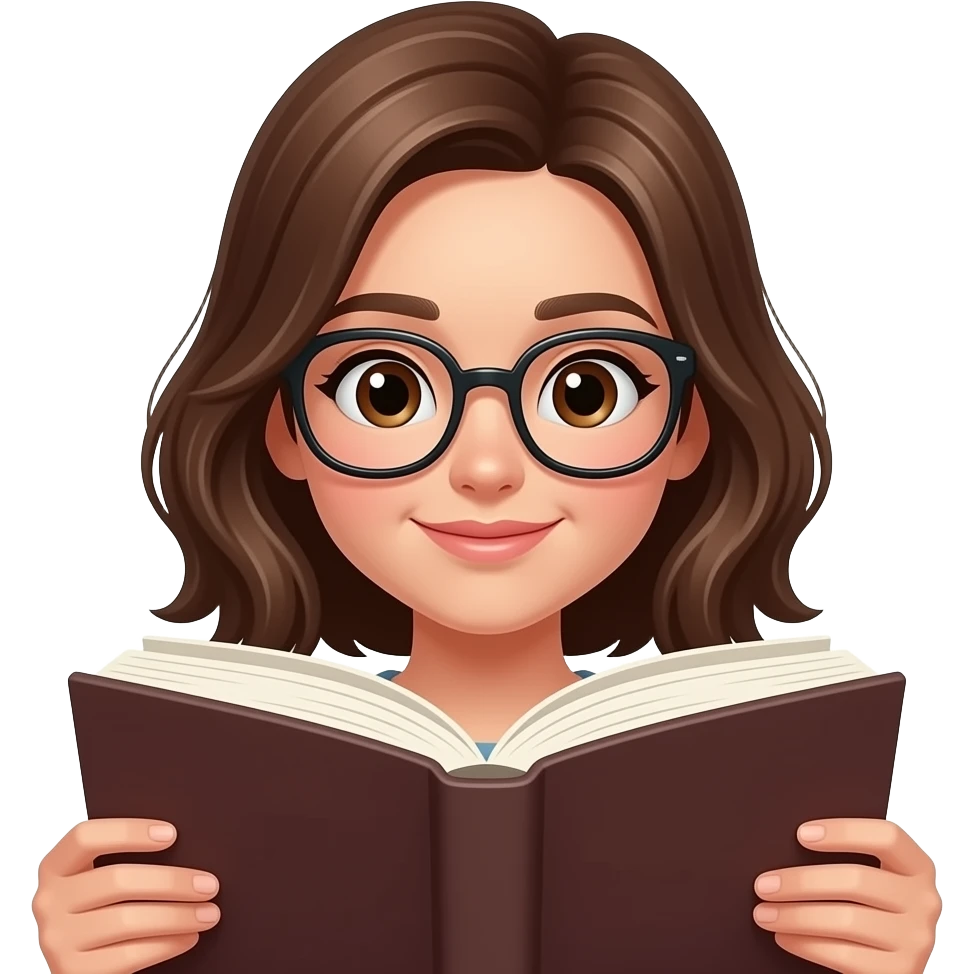 girl with bown hairs wear eye glasses and read book girl close up create complete book and visible her hands emoji