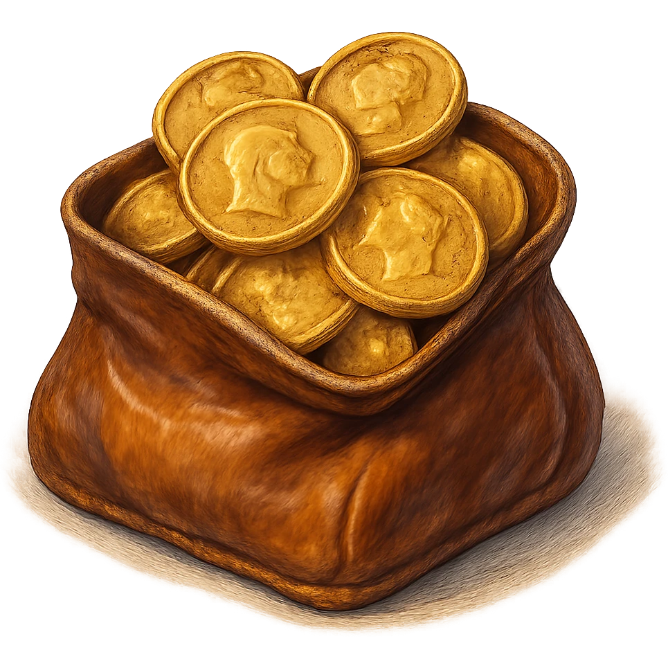 В cлегка рисованной, но при этом объемной и яркой стилистике сгенерируй картинку кожаного кошелька, из которого торчат натуральные фотореалистичные золотые монеты. Они должны выглядеть не как пластмассовые, а как настоящее золото. Прозрачный фон emoji