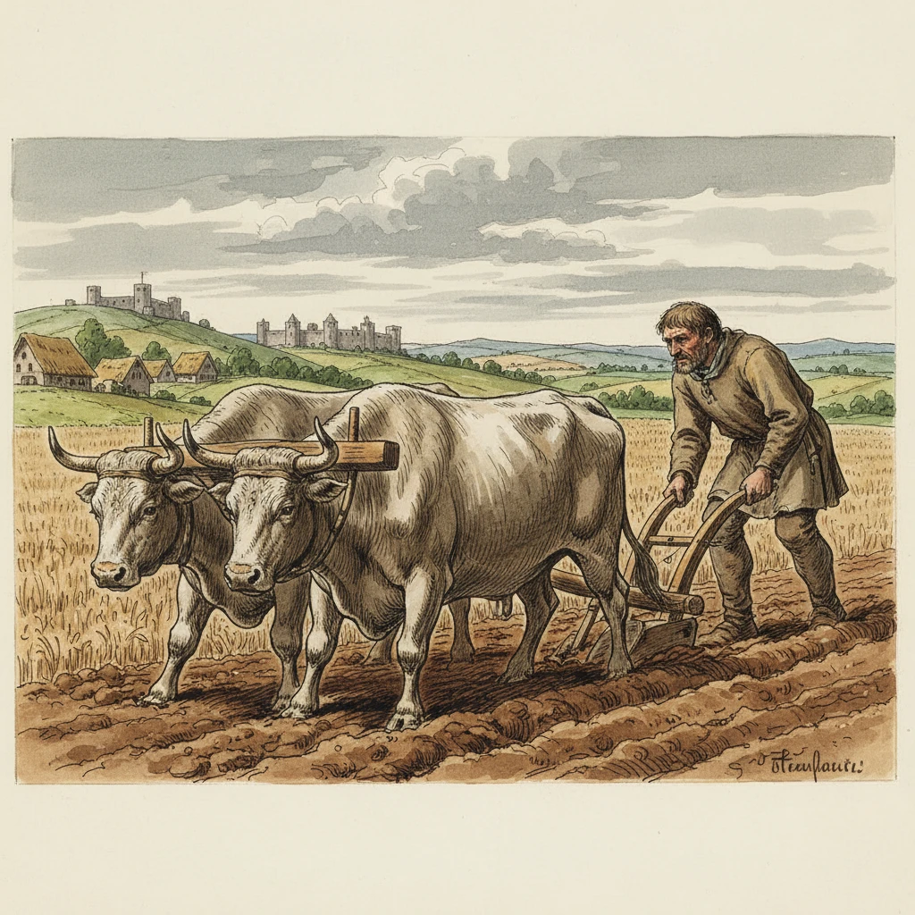 нарисуй в профиль средневекового мужчину с плугом и волами emoji