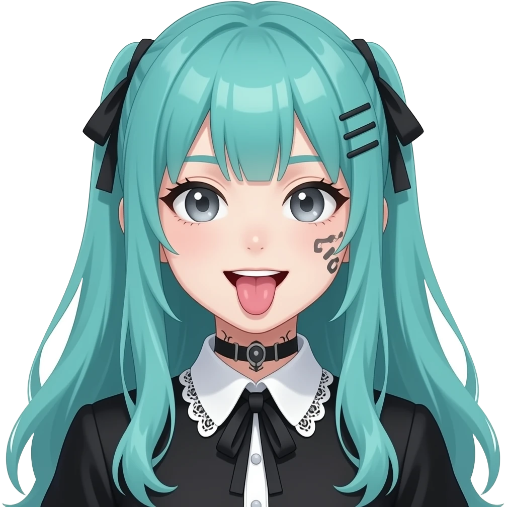 anime girl, silly, tongue out, face tattoos, long flowing teal hair, grey eyes, black shoulder cyberpunk blouse with fancy white collar emoji
