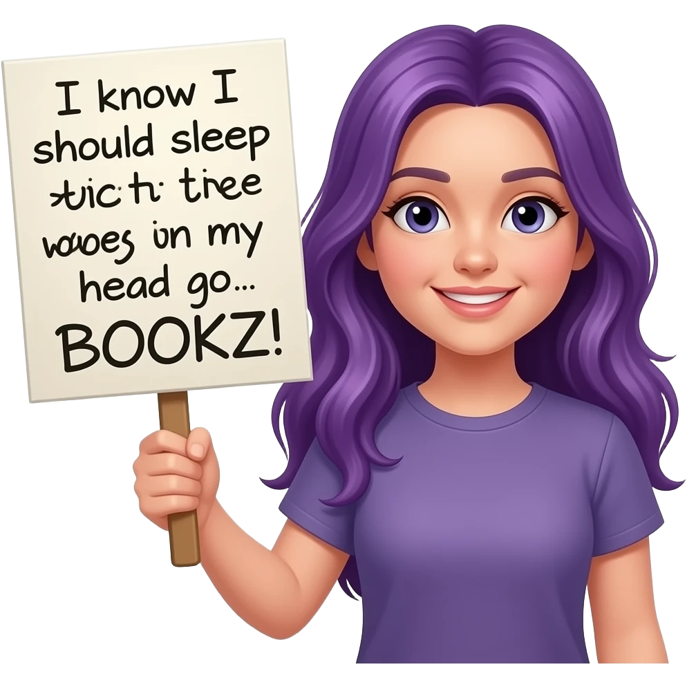 girl with long purple hair with a I know I should sleep but the VOICES in my head go.... BOOOKZ! sign emoji