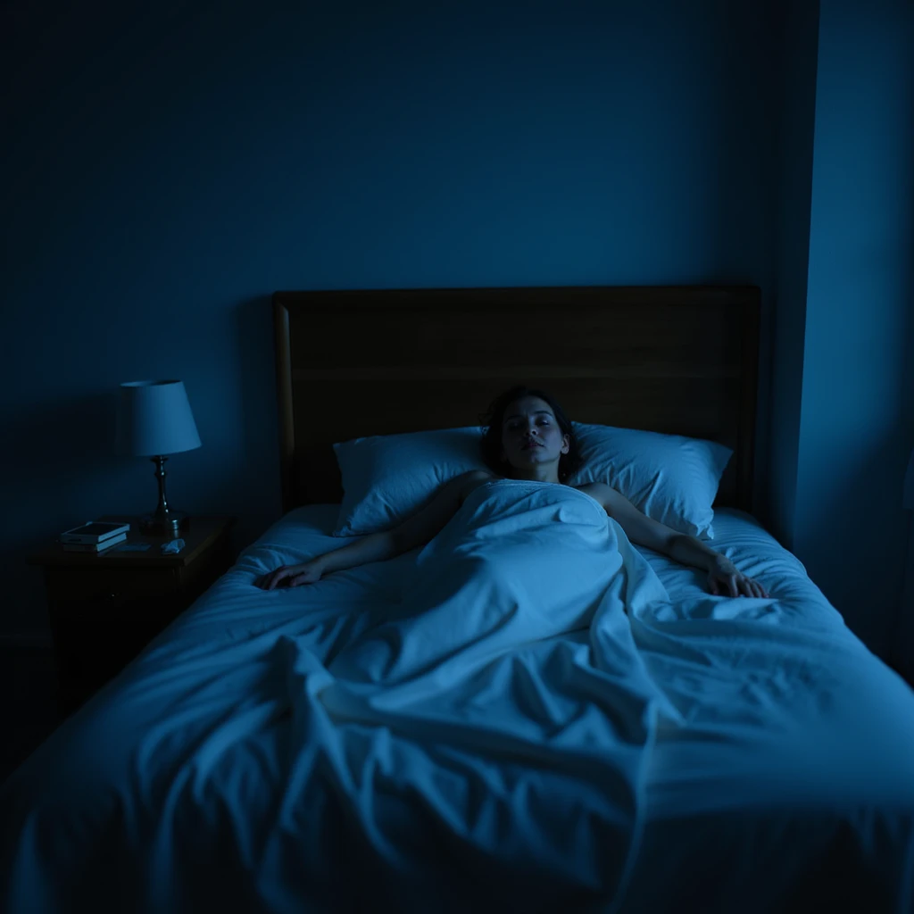 persona sdraiata a letto che fatica ad addormentarsi a causa dell'insonnia, espressione stanca e preoccupata, ambiente notturno, luce soffusa blu, atmosfera realistica, dettagli iperrealistici, 4K, stanza che trasmette disagio e difficoltà a dormire emoji