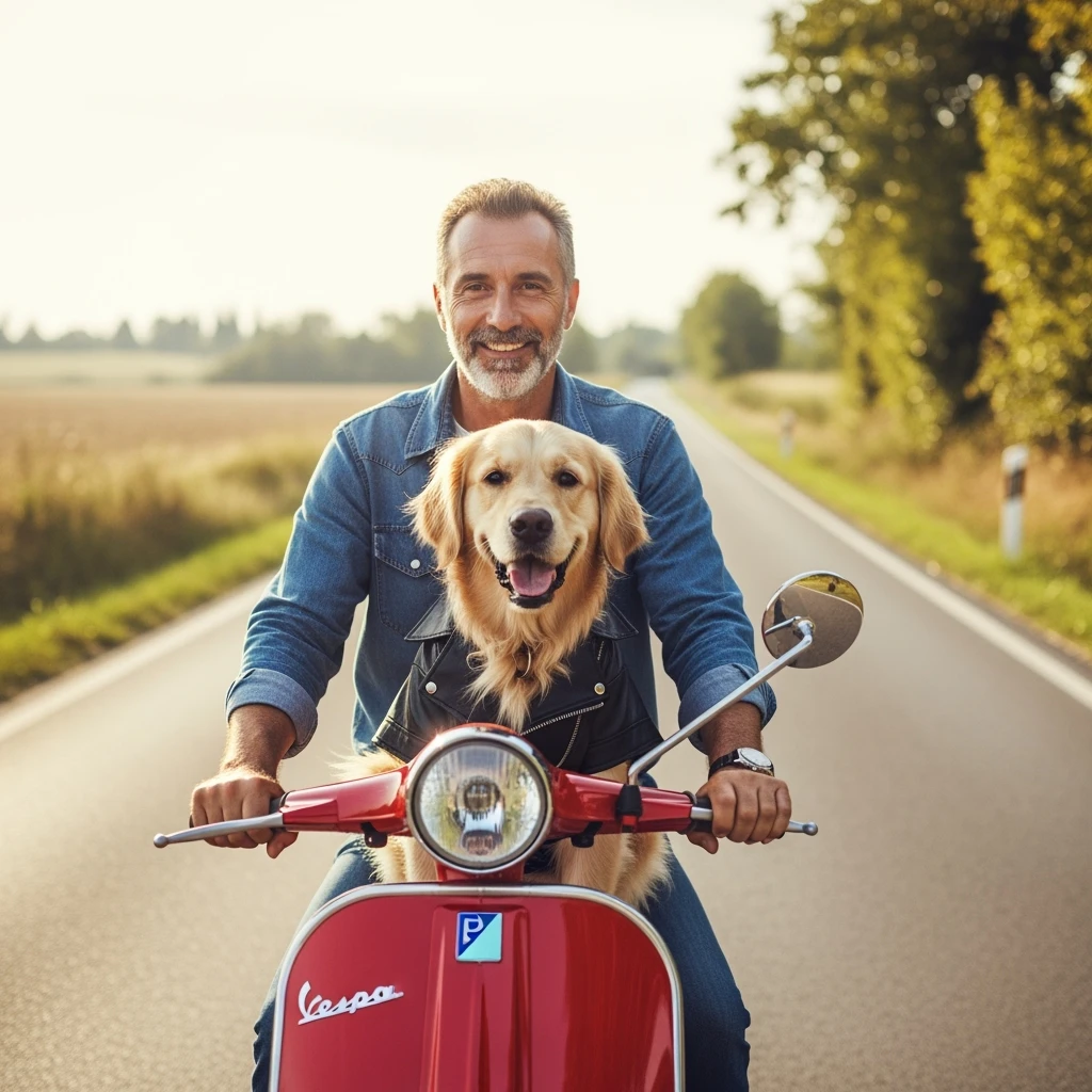 man and his pet dog riding a vespa emoji