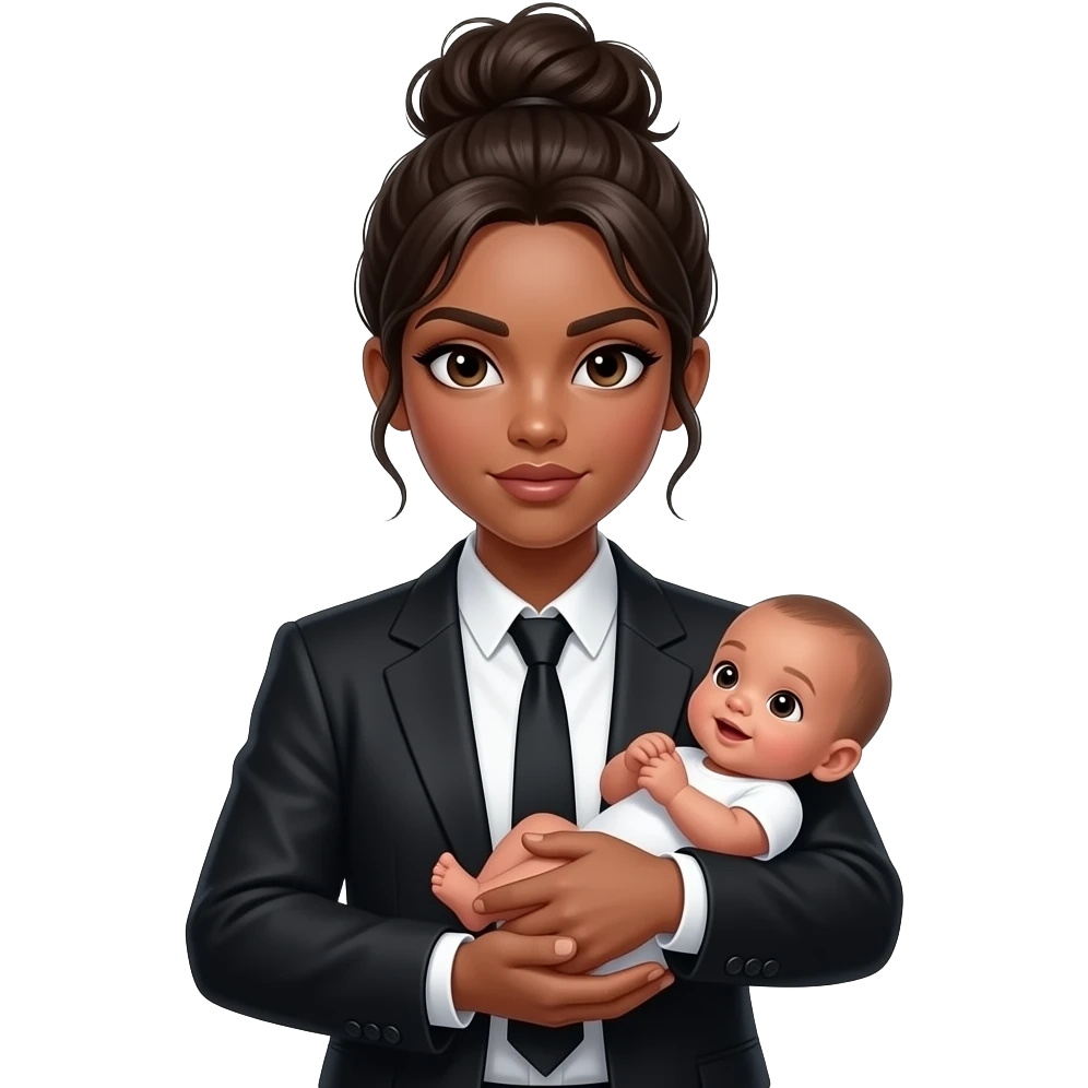 Make a girl with a messy bun that is a dark tan woman and gangsta looking with a baby in her hands emoji