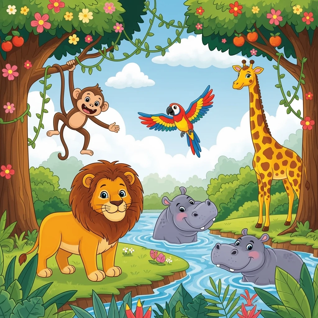 digital illustration of jungle safari in the style of children's story book emoji