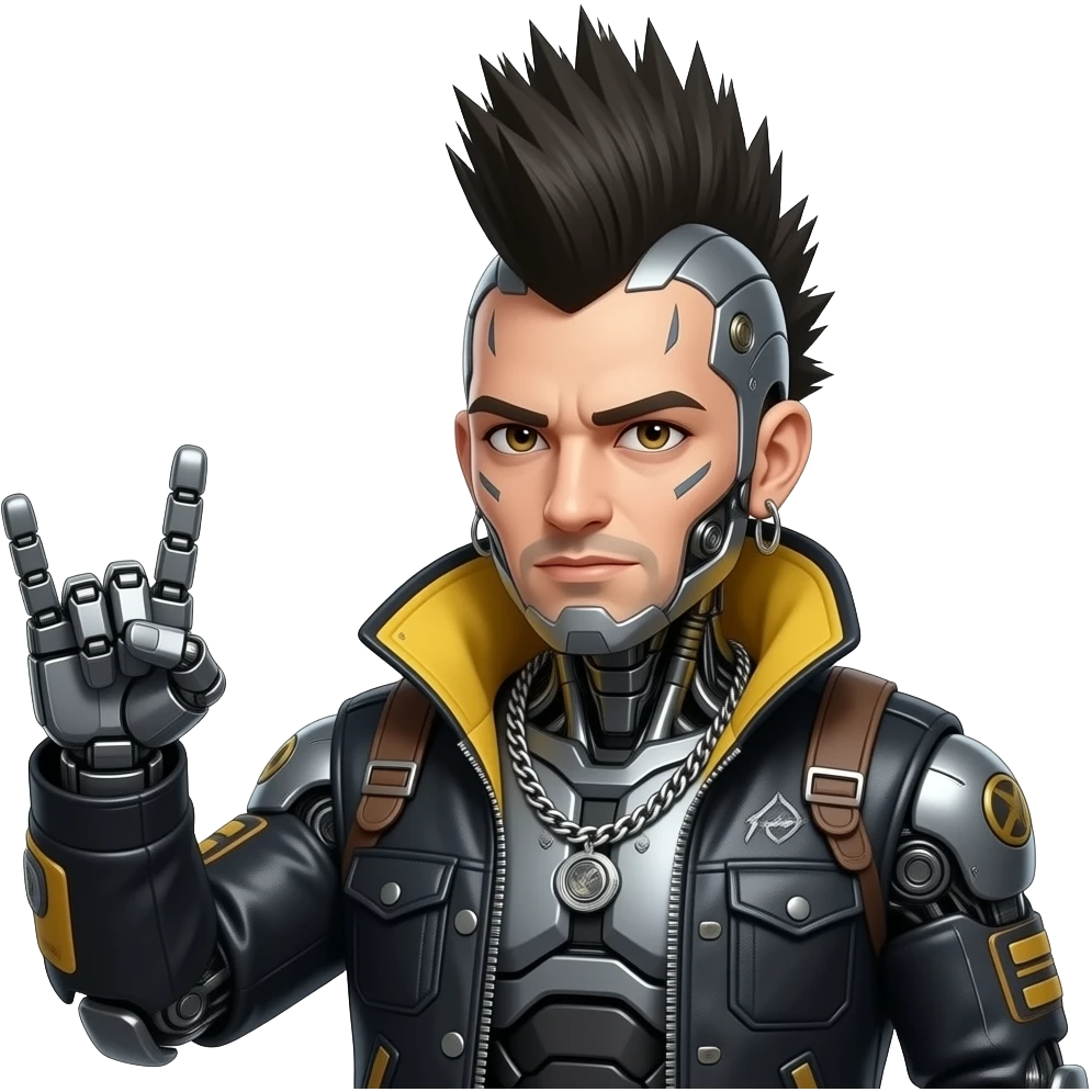 cyberpunk heavy metal rockstar robot, crazy Mohawk, doing rock sign, close up bust size front facing emoji
