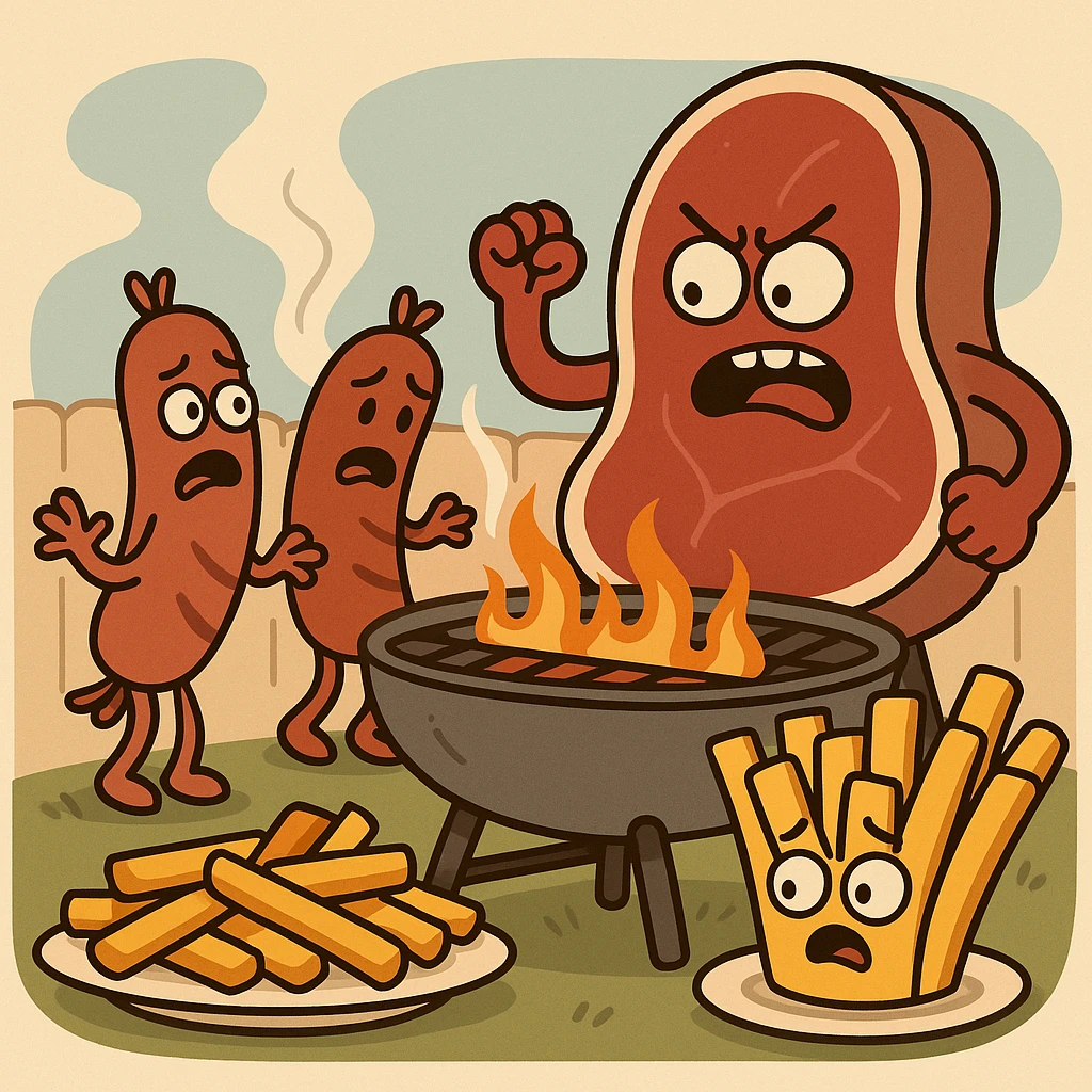 beef sirloin steak sausages on a bbq french fries potato plates   emoji