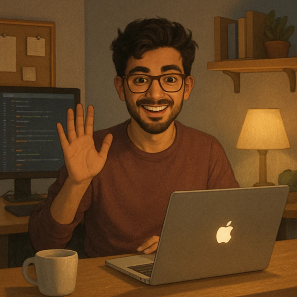 a young software engineer using a MacBook, waving and smiling at the viewer, cozy workspace, semi-realistic style emoji
