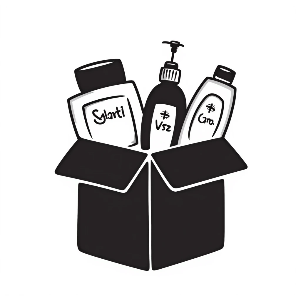 Gift bag with beauty products (shampoo, creams, styling products), a gift bag is beautyful open box full of luxury brand-labeled beauty products emoji