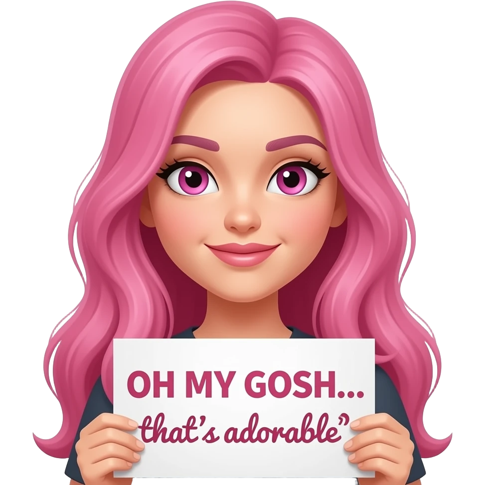sexy girl with long pink hair and pink eyes wearing a holding a OH MY GOSH... that's adorable sign emoji