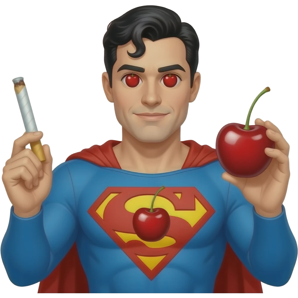 Make this sticker with the cherry instead of the S embedded in the chest as part of the costume, the eyes have Cherries as pupils and the left hand is holding a joint and the right hand a cherry, Superman with his complete look emoji