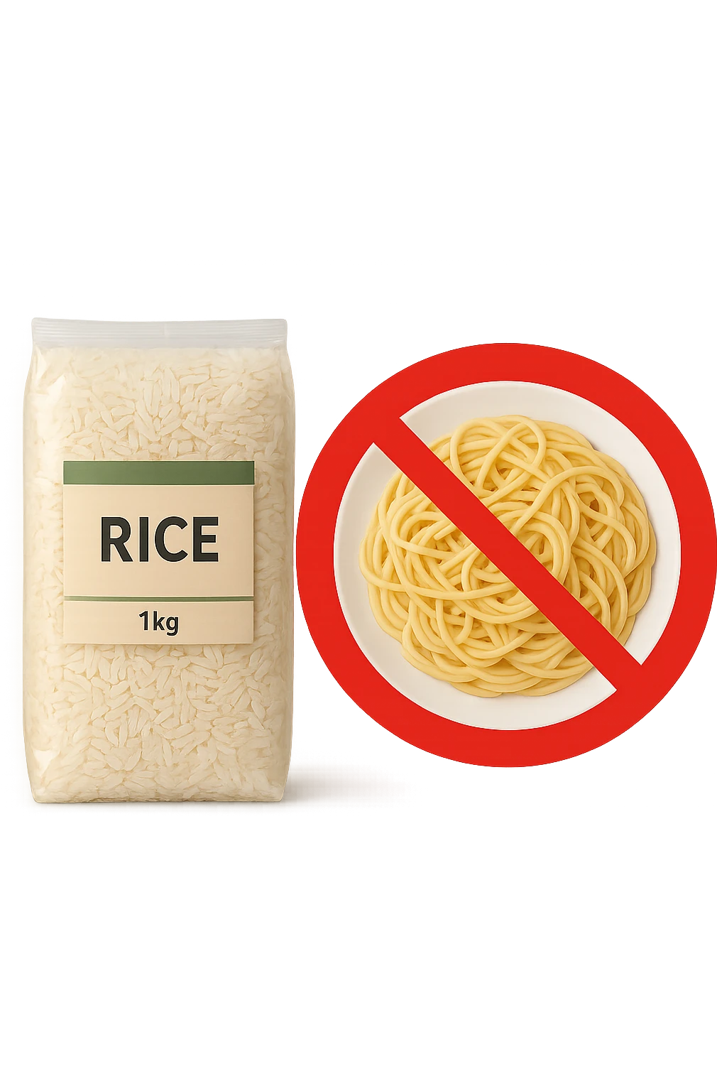 confezione di riso con accanto un piatto di pasta con divieto sopra emoji