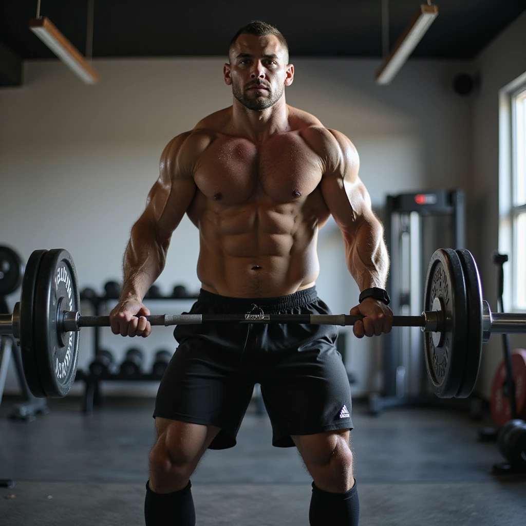 Uomo che si allena in palestra, esegue squat con bilanciere, abbigliamento sportivo, fisico atletico, atmosfera motivazionale, dettagli iperrealistici 4K, ambiente moderno da palestra. emoji