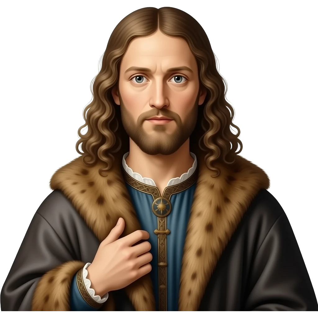 cinematic - en face penetrating balanced, Albrecht Dürer Renaissance self-portrait with long curly hair in a cloak with a fur collar, in Renaissance dress, holding the fur collar with his left hand - contemporary representations of Christ emoji