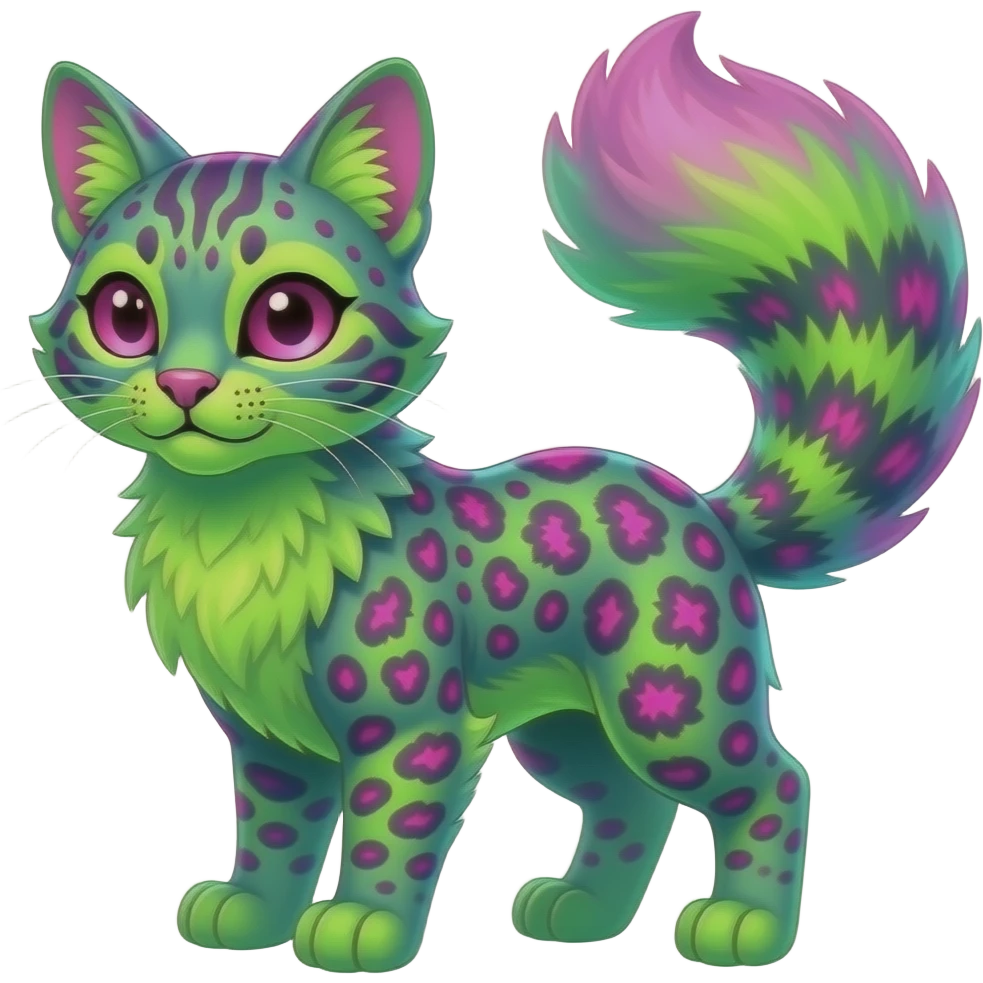 Colorful dark neon-lime-green with neon-magenta, pastel-rose-pink iridescent nebulae gloomy edgy spooky evil tropical ruby exotic cute cool beautiful shiny beautiful fantasy-caracal-civet-genet-sergal-vernid-serval-Gryphon-Cacomistle-Trico-oncilla-animal-Fakémon-hybrid-fursona (full body) emoji