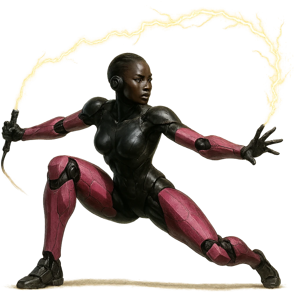 slim, powerful black female robot with small ear pieces, pink hexagonal arms and legs, holding a lightning whip by the handle in a dynamic, realistic action pose, no border, transparent background, realistic art style emoji