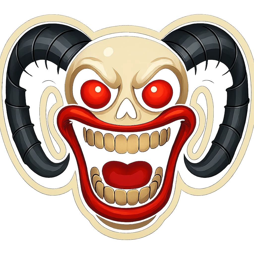 Create a bold, high-contrast logo in retro sticker style combining the main subject and features from both reference images. Include the ram-horned skull, red eyes, and wide mouth in a clean, iconic sticker-like design. Keep the subject fully inside the image borders with a strong, graphic look. emoji