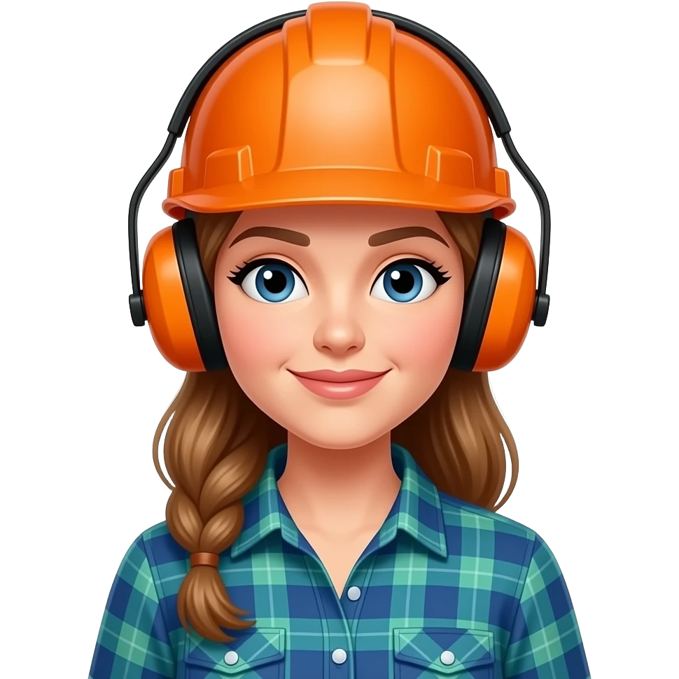 female lumberjack with orange hardhat with hearing protection ear muffs and blue and green plaid button up shirt emoji
