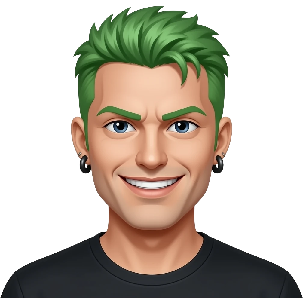 Handsome man with green hair, sharp teeth, a cut throat, and black ear stretchers, smirking seductively. emoji