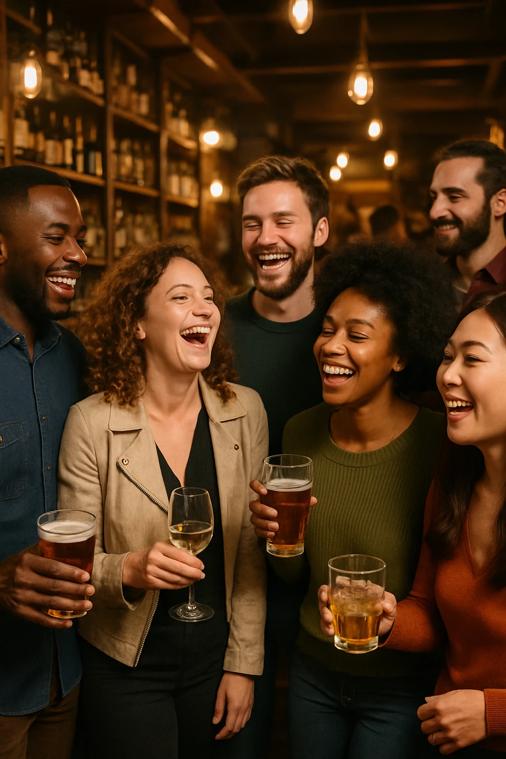 A realistic bar party scene with a diverse group of people socializing, laughing, and holding drinks, set in a cozy bar with warm lighting and wooden decor, 9:16 aspect ratio. emoji