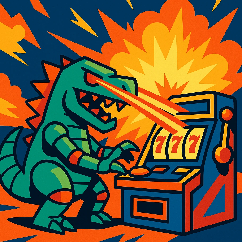 robot dinosaur shooting lasers from its eyes while playing a slot machine, with a big explosion in the background, vibrant and dynamic scene emoji