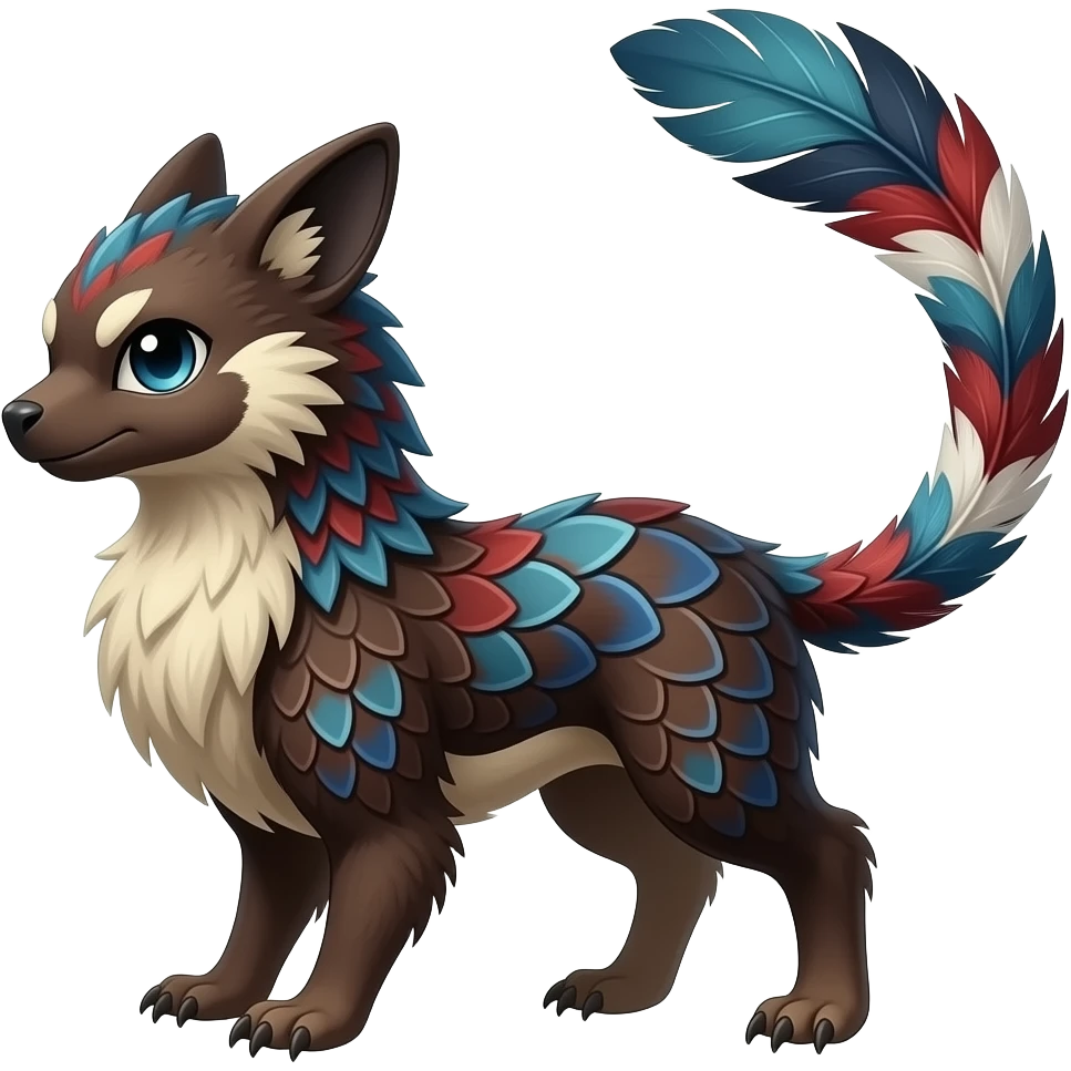 Floral-patterned majestic feathery elegant realistic stylish Furry, fluffy feathery tropical painted scaly, dark-brown, sanguine-red, blue, white, black, Minccino-Bambino-Linoone-Zangoose-fusion-hybrid-animal-Fakémon-creature, full body, thin long sleek feather-tipped tail, intricate markings emoji