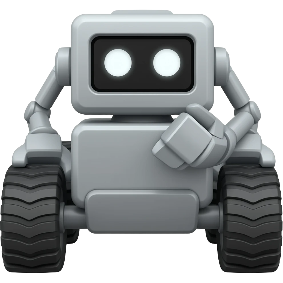 Grey solid square with 4 wheels and a display showing white eyes emoji