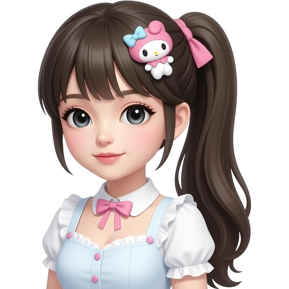 Gyaru makeup, my melody hairclip, cutecore, black doll eyes, Doll, big chest, white skin, with side ponytail emoji