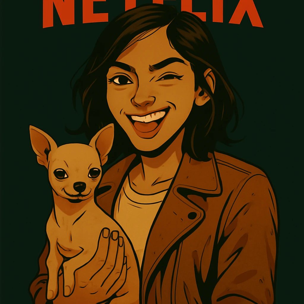 Restore the rebellious and playful expression on the face in the style of a Netflix series, keeping all other elements identical. emoji