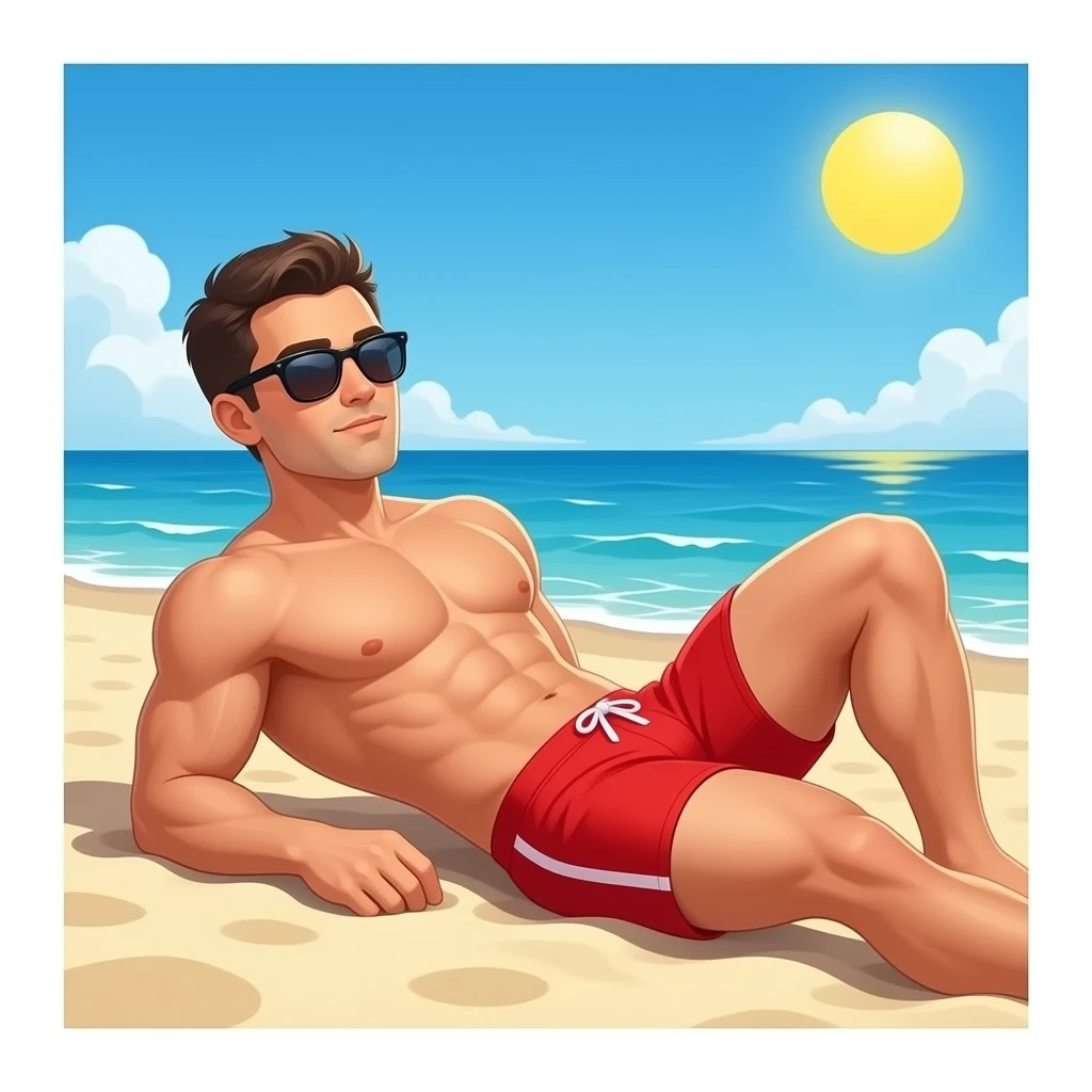 Erstelle ein Bild von einem Strand, mit im Bild ist ein muskulöser Mann zusehen der sich im liegen sonnt, er trägt rote enge speedo und Oberkörper frei und trägt eine Sonnenbrille emoji