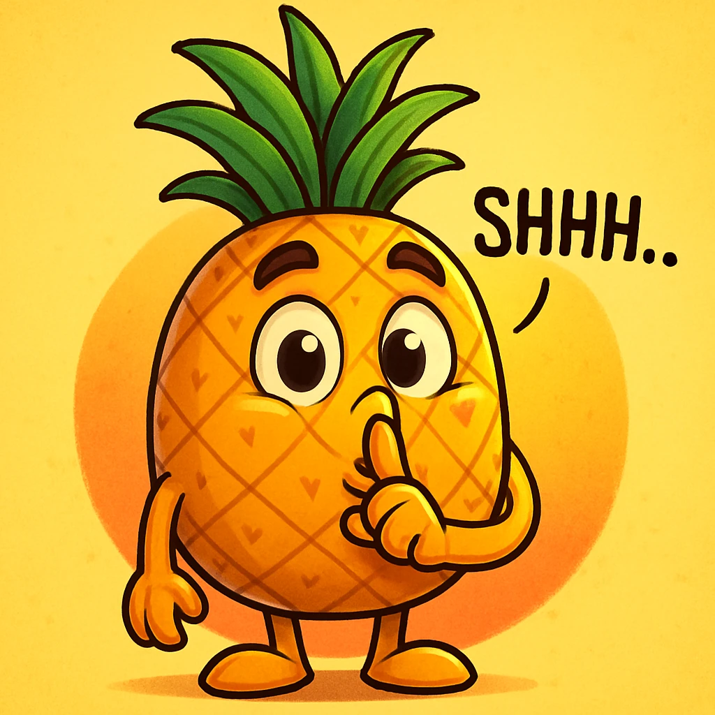 a pineapple saying 'shhhh', cartoon style, finger to lips emoji