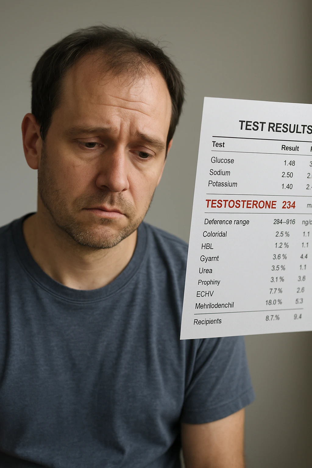Un uomo caucasico di 35-45 anni, in CGI fotorealistico, che mostra i segni fisici ed emotivi di un basso livello di testosterone. aggiungere un referto medico semi-trasparente fluttuante accanto a lui, con valori di testosterone evidenziati in rosso. emoji