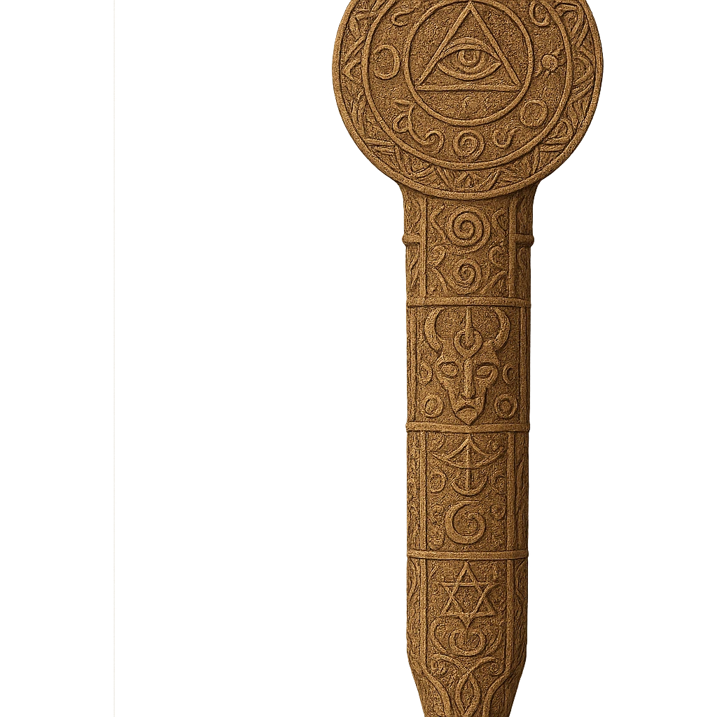 ancient ornate carvings mystical symbols staff emoji