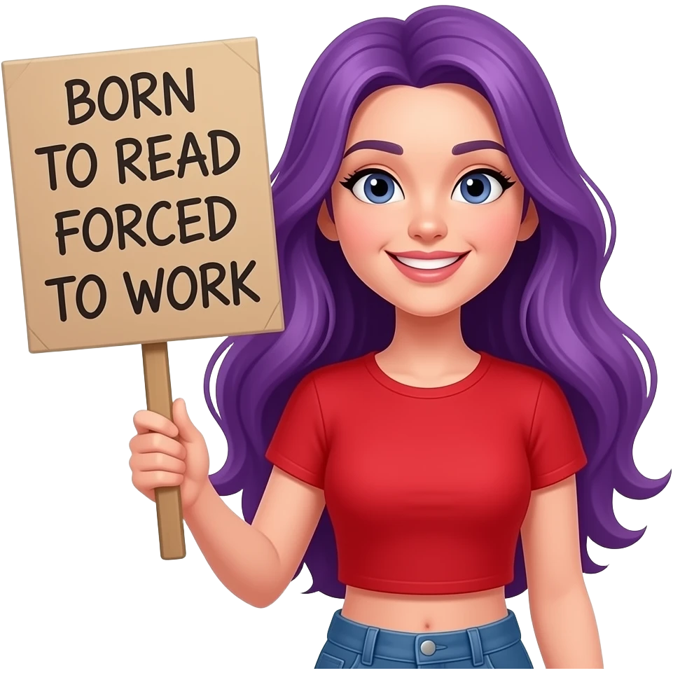 sexy girl with long purple hair holding a BORN TO READ FORCED TO WORK sign emoji