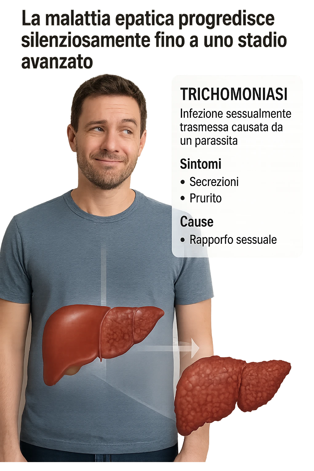 "Healthy-looking man unaware that liver disease develops slowly with most people having no symptoms until late stage A sexually transmitted infection caused by a parasite-Trichomoniasis - Symptoms & causes - Mayo Clinic, expression of false confidence in his health, transparent liver overlay showing progressive damage despite feeling normal, time-lapse visualization of gradual liver deterioration in italiano emoji