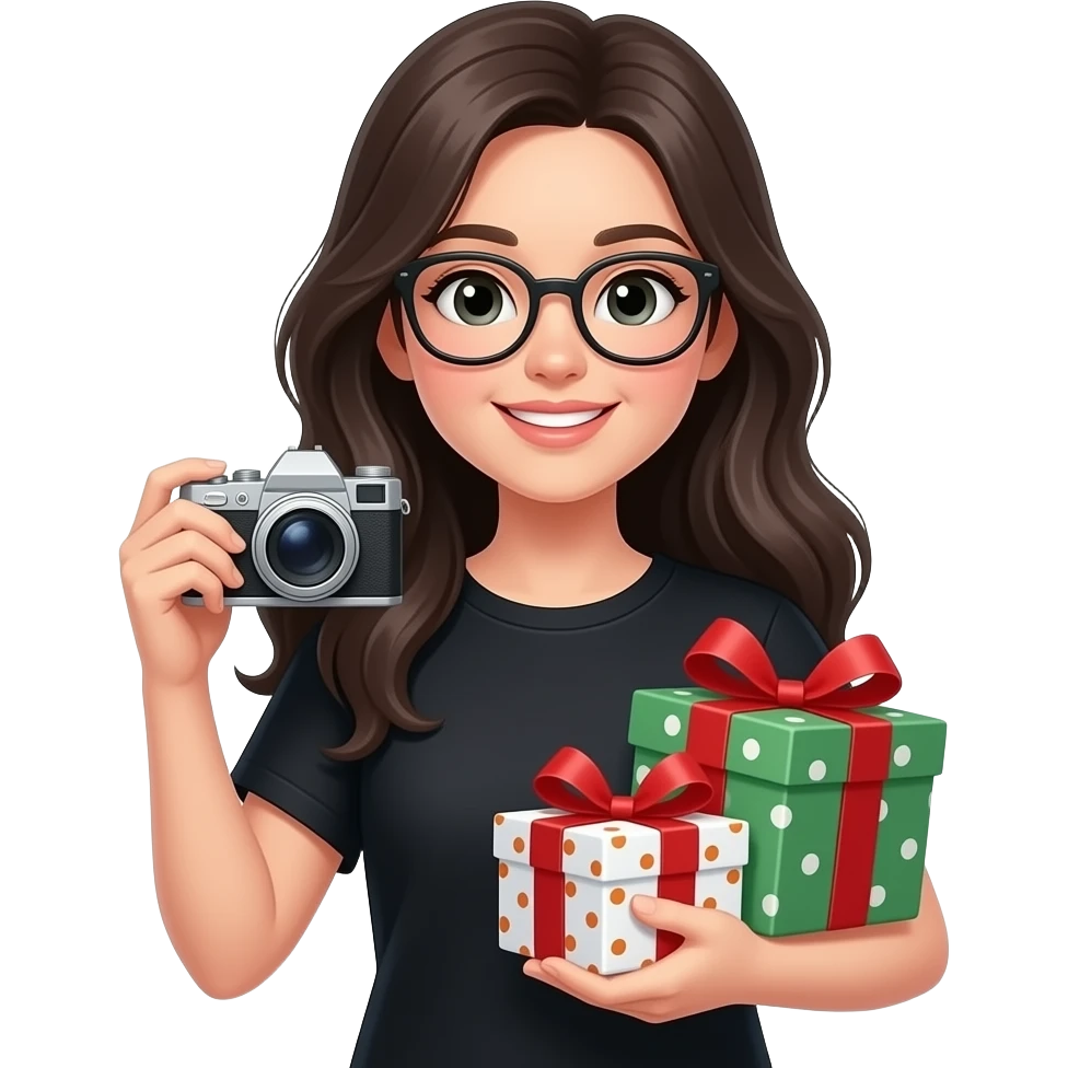 long black haired girl wearing glasses and black shirt with gifts and camera emoji