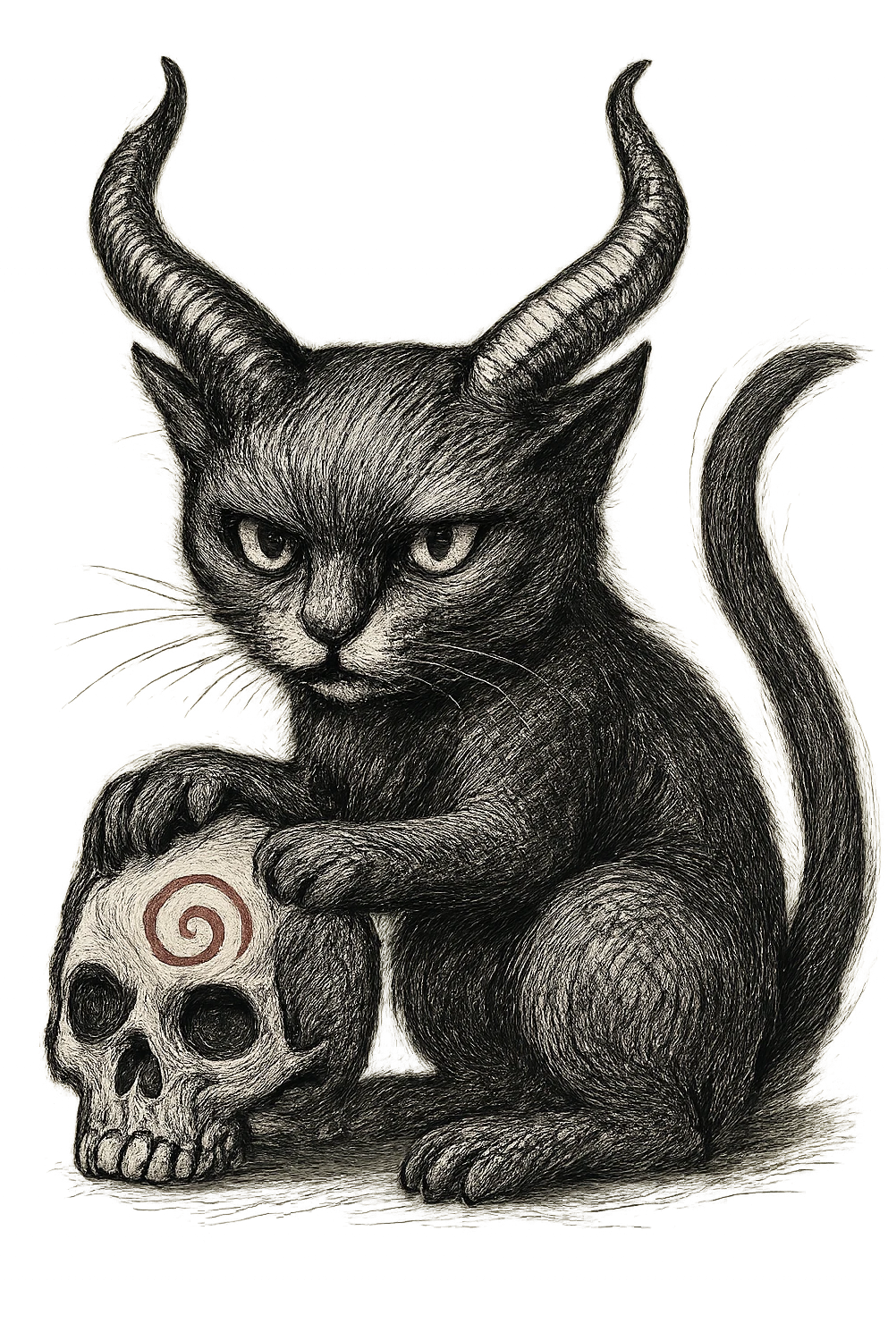 Make the black cat with demon horns and skull less cartoonish, more realistic hand drawn style, dynamic outlines, no fill, preserve the red spiral on the skull, transparent background. emoji