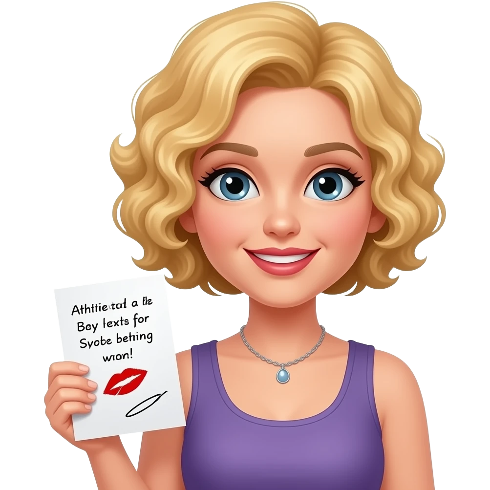 short blonde tight curly hair bob looking holding a paper with subtitles in red lipstick emoji