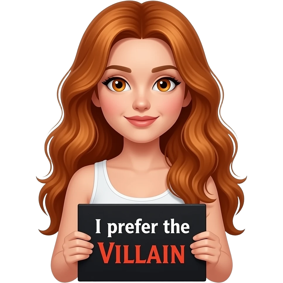 sexy girl with long wavy ginger hair and ginger eyes wearing a white tanktop is holding a black colored sign with I prefer the VILLAIN written on it emoji