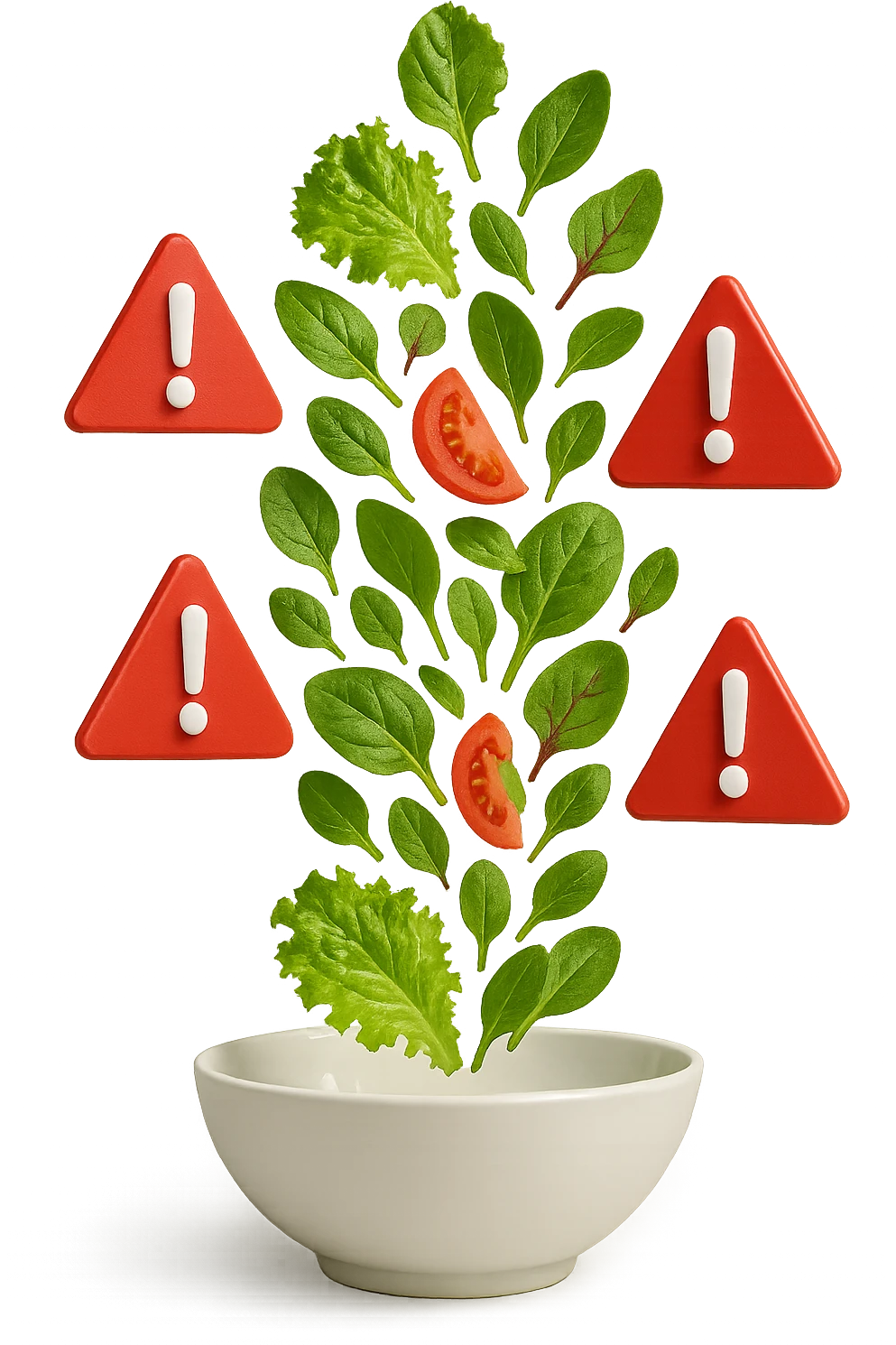 insalata che cade verticalmente in una bowl bianca insieme a segnali triangolari di pericolo con punti esclamativi rossi in 3d, iperrealistica 4k emoji