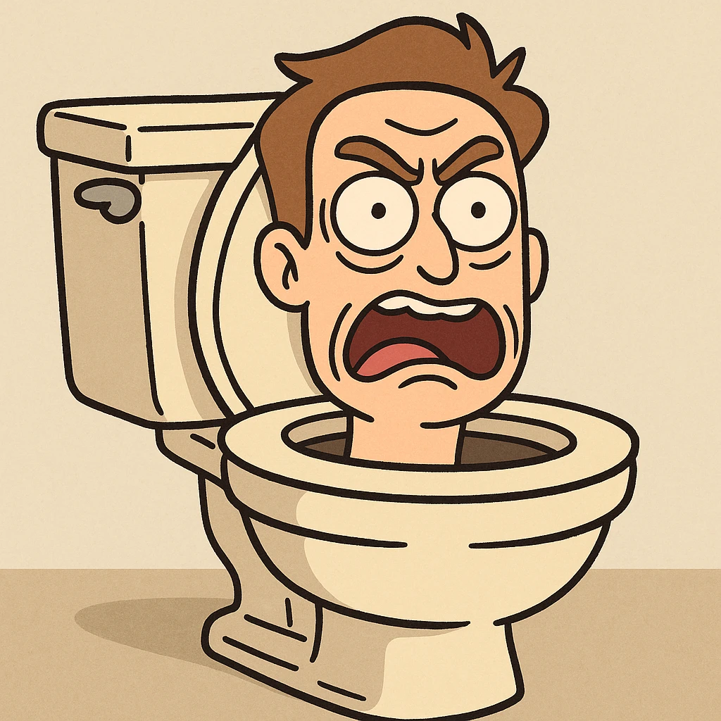 a man's head peeking out of a toilet bowl, exaggerated expression, cartoon style emoji