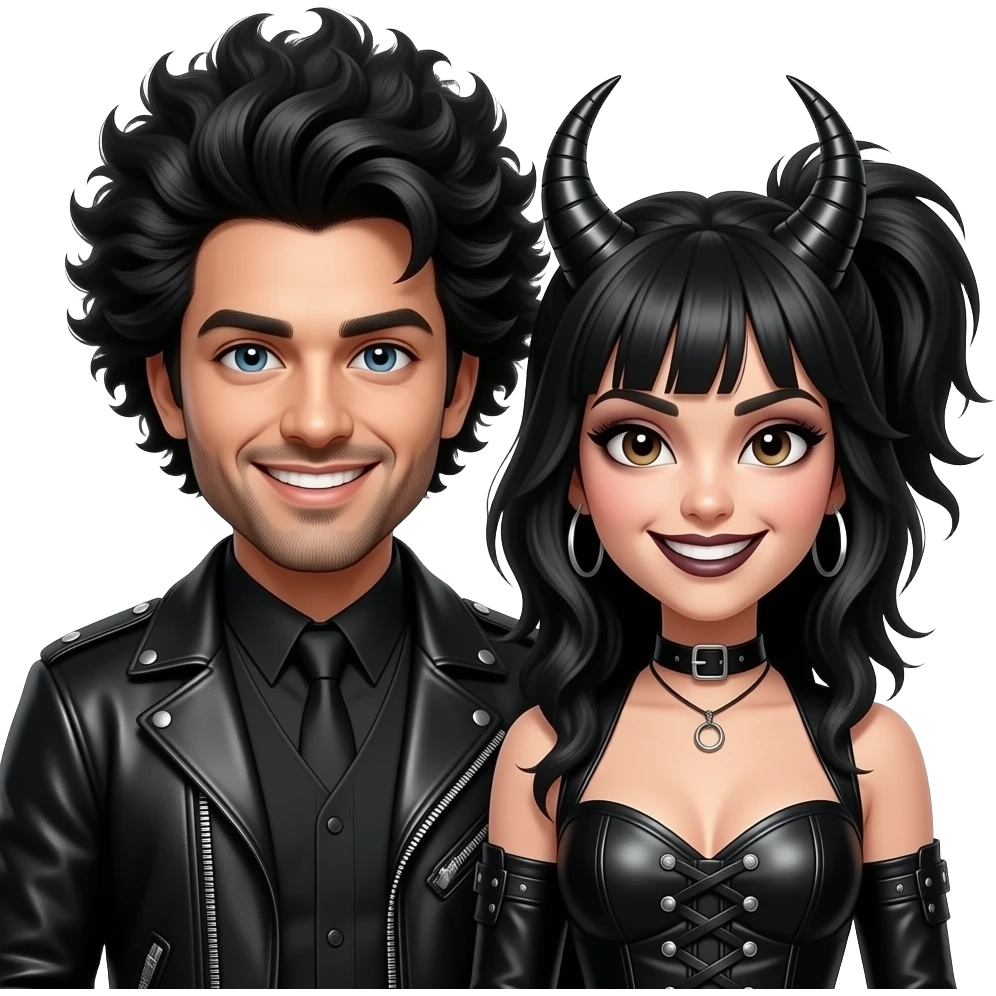 Man and woman with evil expressions smiles and funky black hairstyles and gothic leather clothes emoji