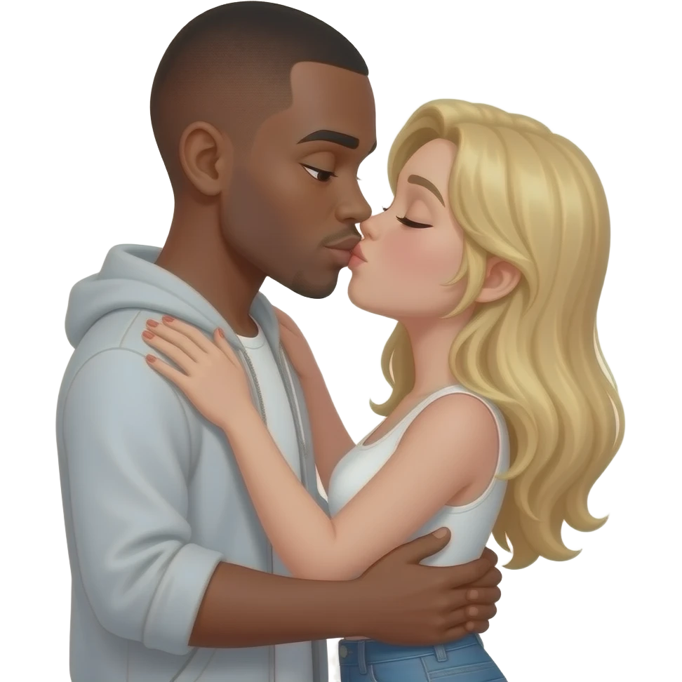 Black man with shaved head kissing blonde girlfriend on k emoji