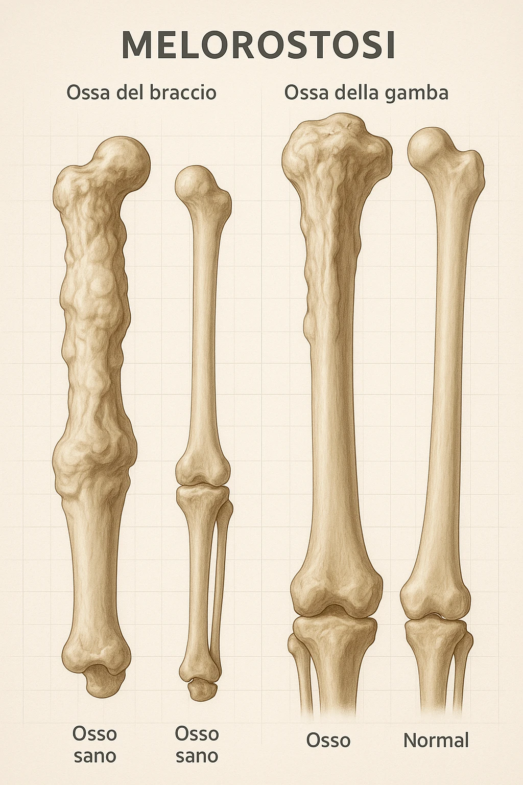A highly realistic medical illustration focusing on a human arm and leg bones affected by melorheostosis. The bones appear visibly thickened, irregular, and larger than normal, with clear, layered bone growth resembling melted wax dripping down the side of the bones. The image shows a side-by-side comparison with a healthy bone for clarity, highlighting the difference in size and texture. The color palette includes neutral bone colors with subtle shading to show the abnormal contours and ridges. The background is clean and minimalistic, with faint anatomical grid lines for a scientific, educational feel. The overall mood is informative and precise, conveying the key visual characteristic of melorheostosis: progressive bone thickening that makes bones visibly larger and irregular. in italiano emoji